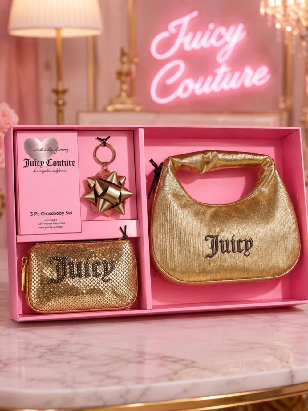 Juicy Couture Gold Mini Hobo 3-Piece Gift Set Wristlet Mirror NWT